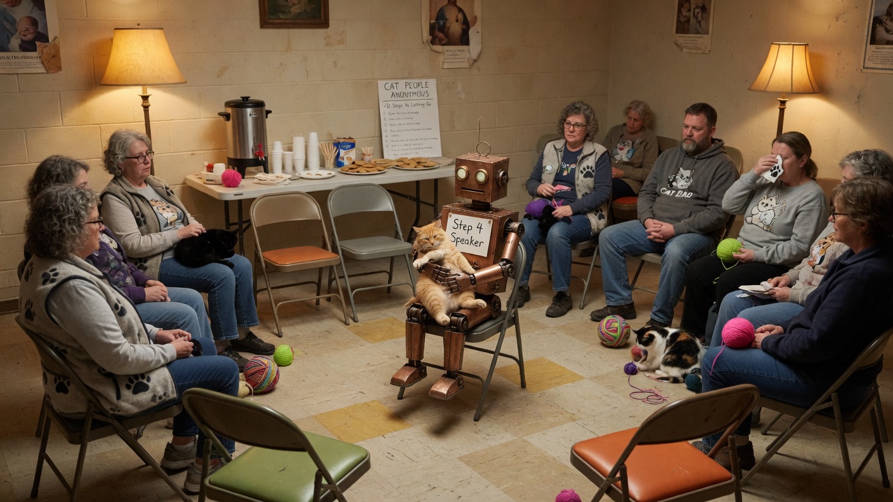 A church-basement meeting hall with folding chairs in a circle, yarn balls on linoleum, a coffee urn, a CAT PEOPLE ANONYMOUS handout on the wall, and a copper robot labeled Step 4 Speaker holding a sleeping orange cat.