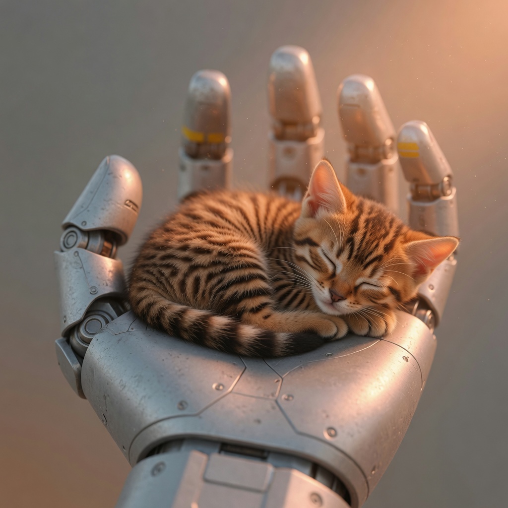 A small tabby kitten sleeping curled in the open palm of a silver robot hand, lit by warm amber light.
